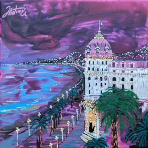 Tableau Nuit de la Promenade, peinture acrylique, chat silhouette Promenade des Anglais Nice, pièce unique CreaYouZen
