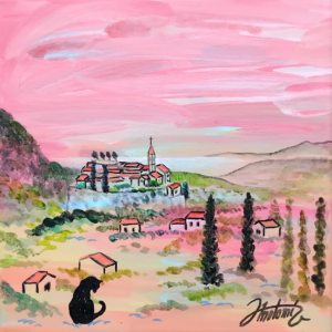 Tableau Vue d'Aspremont Méditerranée, peinture acrylique, village clocher mer chat noir, pièce unique CreaYouZen
