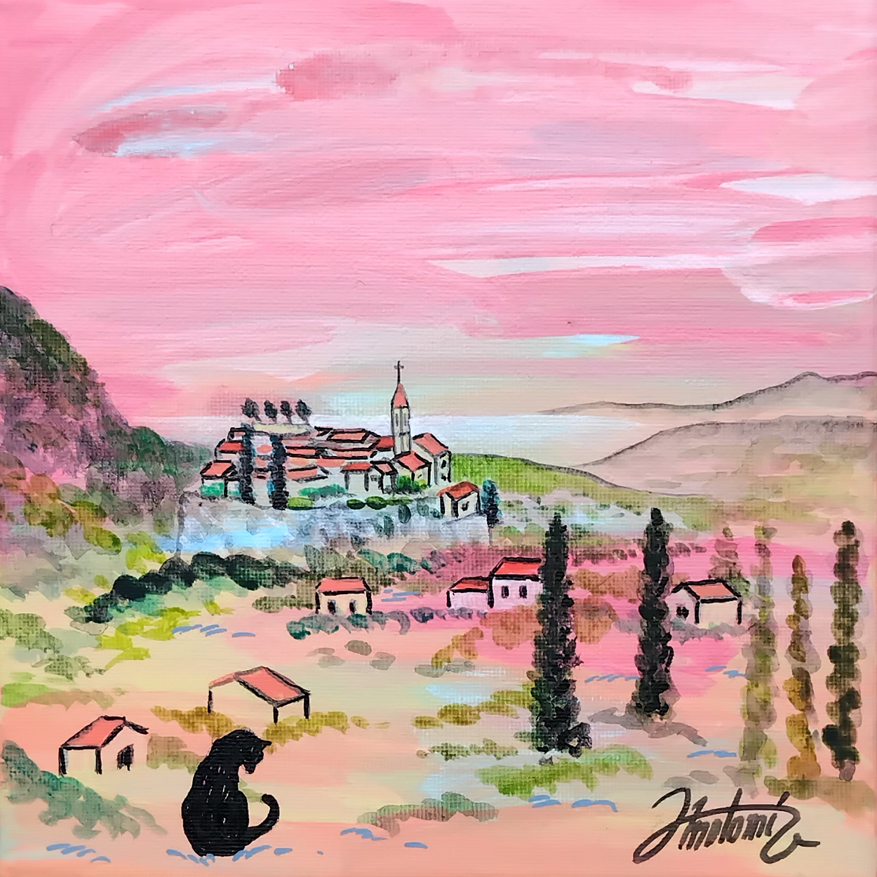 Tableau Vue d'Aspremont Méditerranée, peinture acrylique, village clocher mer chat noir, pièce unique CreaYouZen