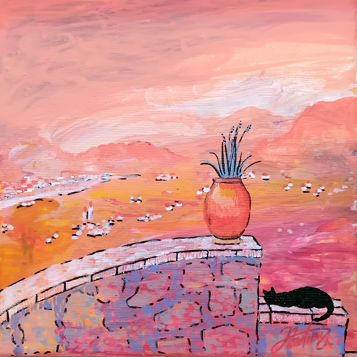 Tableau Plaine du Var Orangée, peinture acrylique, vue d'Aspremont vers la plaine du Var, chat noir, pièce unique CreaYouZen