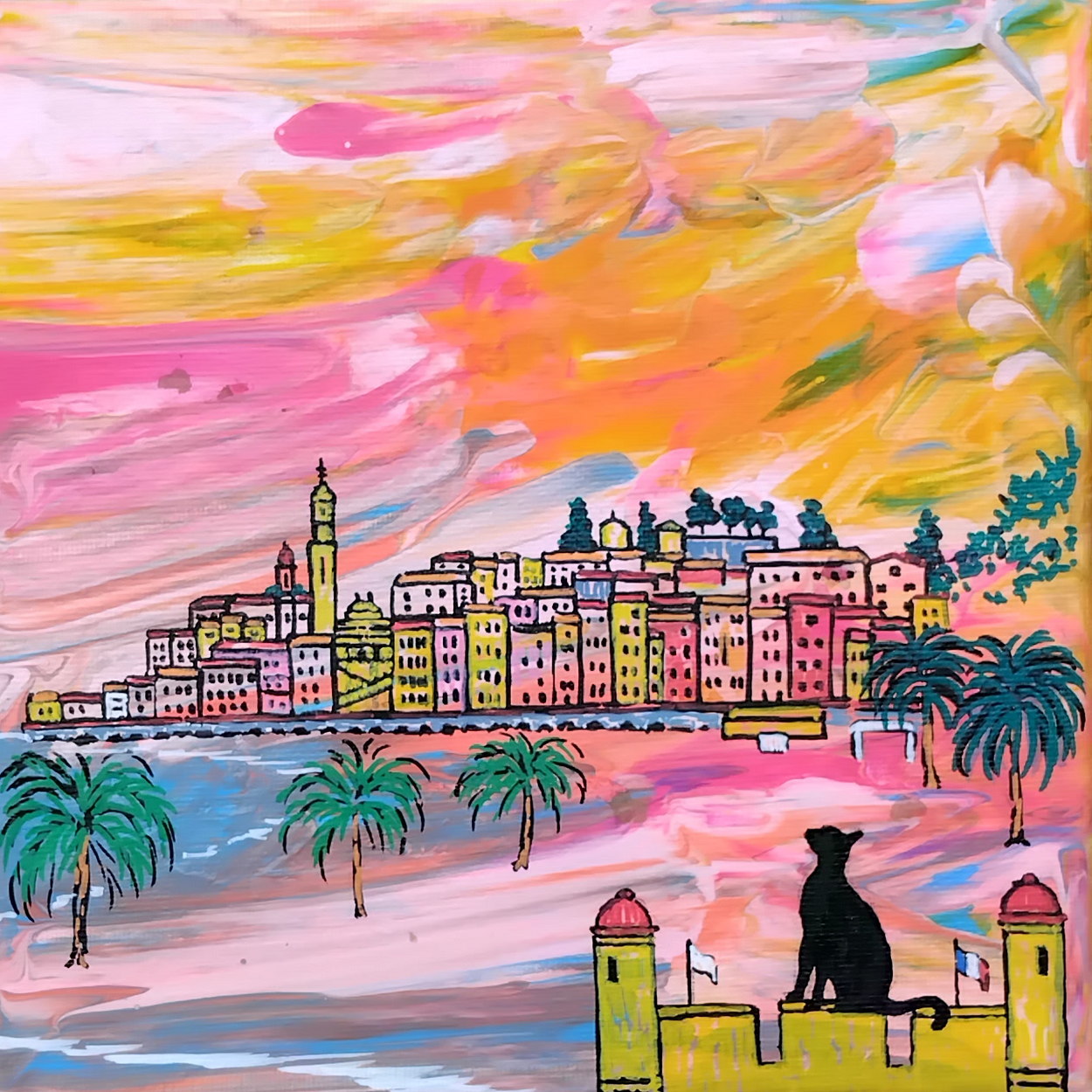 Tableau Menton Rosé, peinture acrylique, chat silhouette coucher de soleil Menton, pièce unique CreaYouZen
