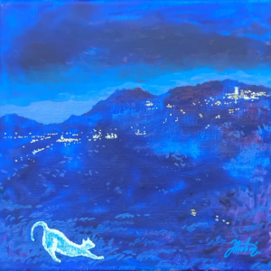 Tableau Nuit de la Colline, peinture acrylique, vallée du Var de nuit chat blanc, pièce unique CreaYouZen