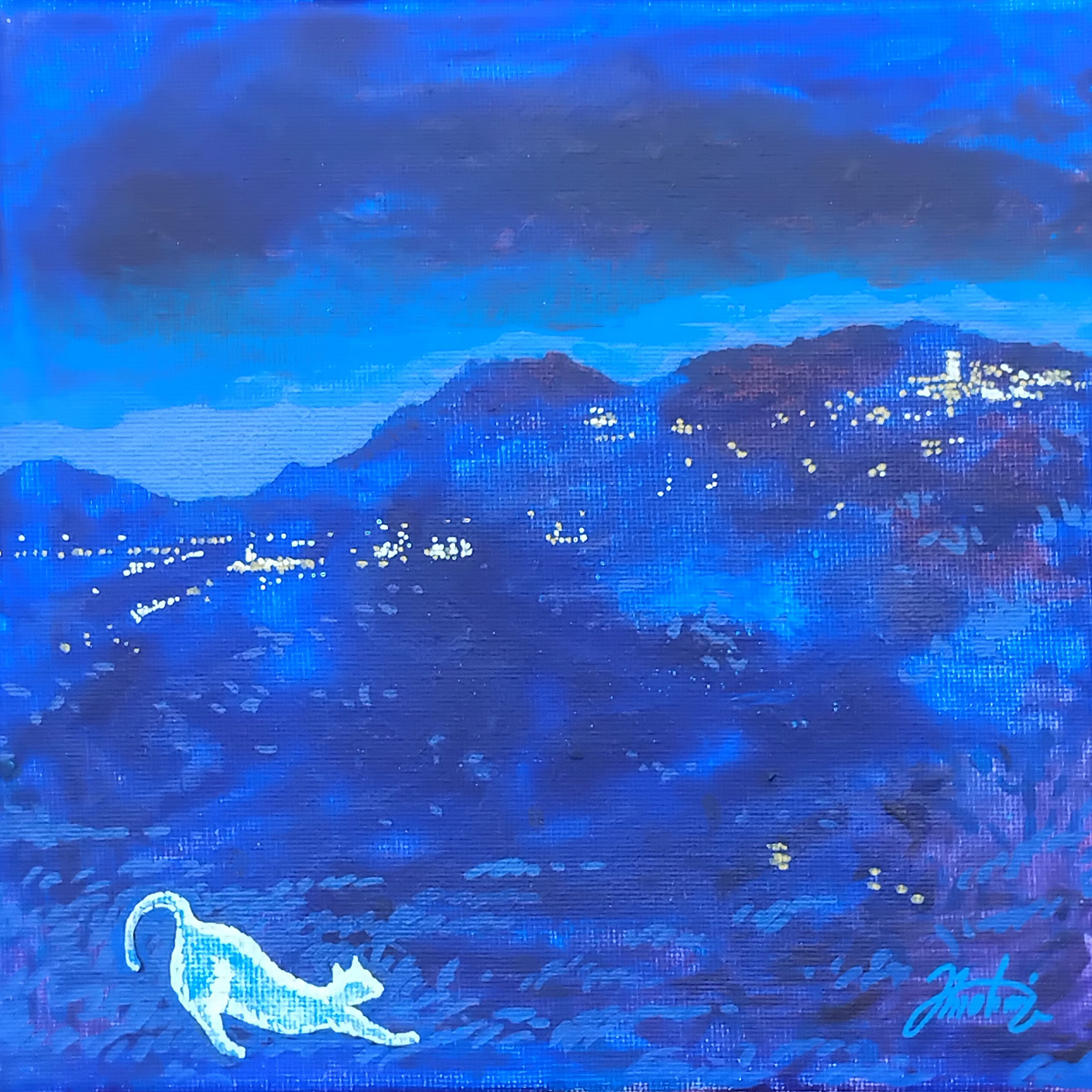 Tableau Nuit de la Colline, peinture acrylique, vallée du Var de nuit chat blanc, pièce unique CreaYouZen