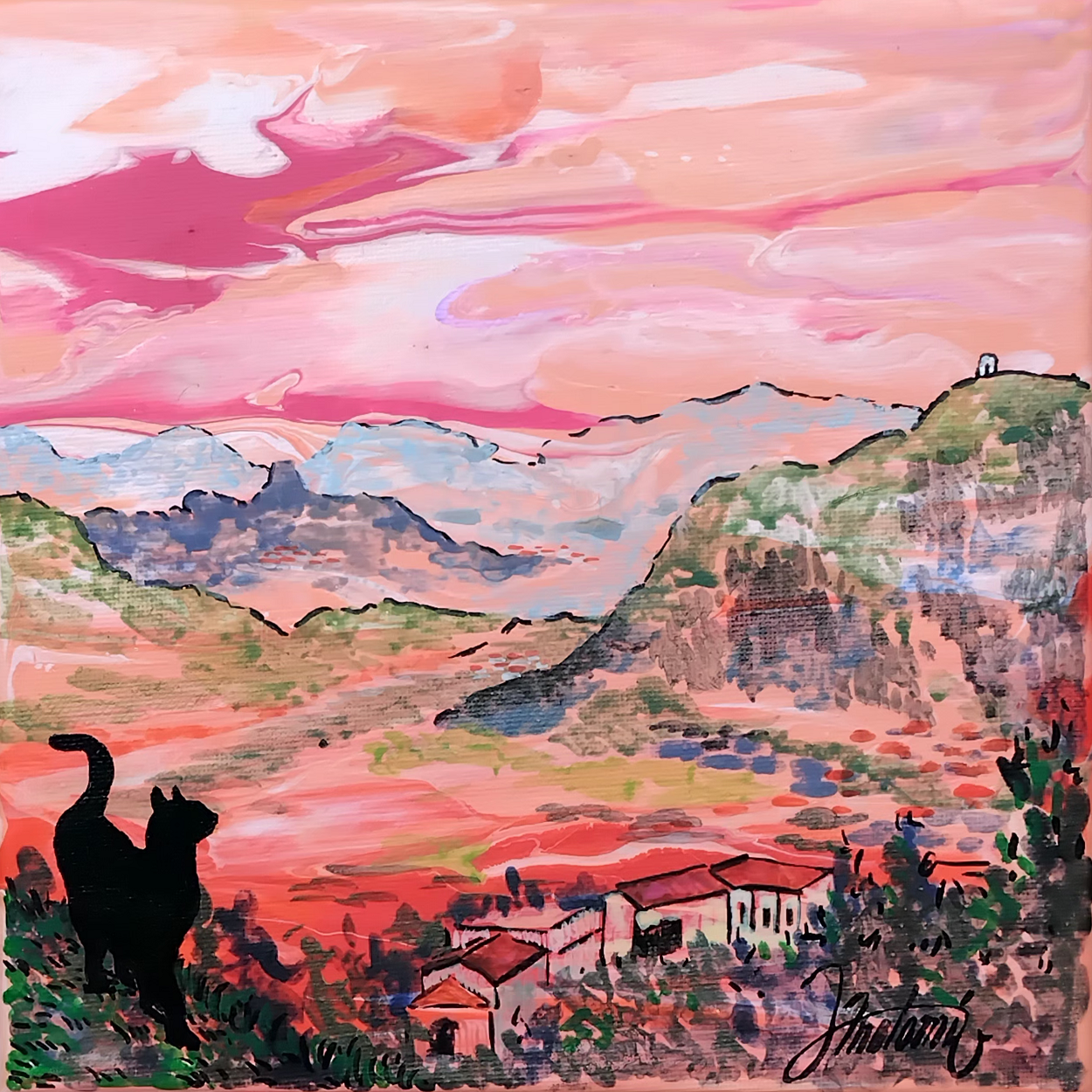Tableau Mercantour, peinture acrylique, montagnes ciel rose chat noir Aspremont, pièce unique CreaYouZen