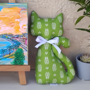 Coussin chat cigales olive, fait main, motif provençal, atelier CreaYouZen
