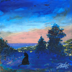 Tableau Entre Chien et Loup, peinture acrylique, crépuscule Aspremont chat noir, pièce unique CreaYouZen