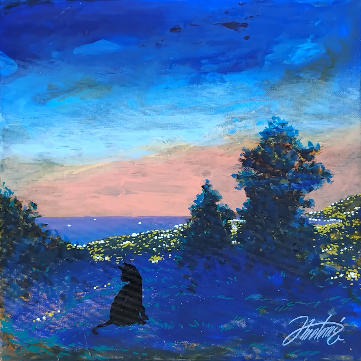 Tableau Entre Chien et Loup, peinture acrylique, crépuscule Aspremont chat noir, pièce unique CreaYouZen