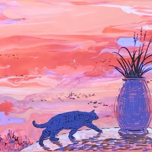 Tableau Les Villages Orangés, peinture acrylique, montée Saint-Claude jarre lavande chat noir, pièce unique CreaYouZen