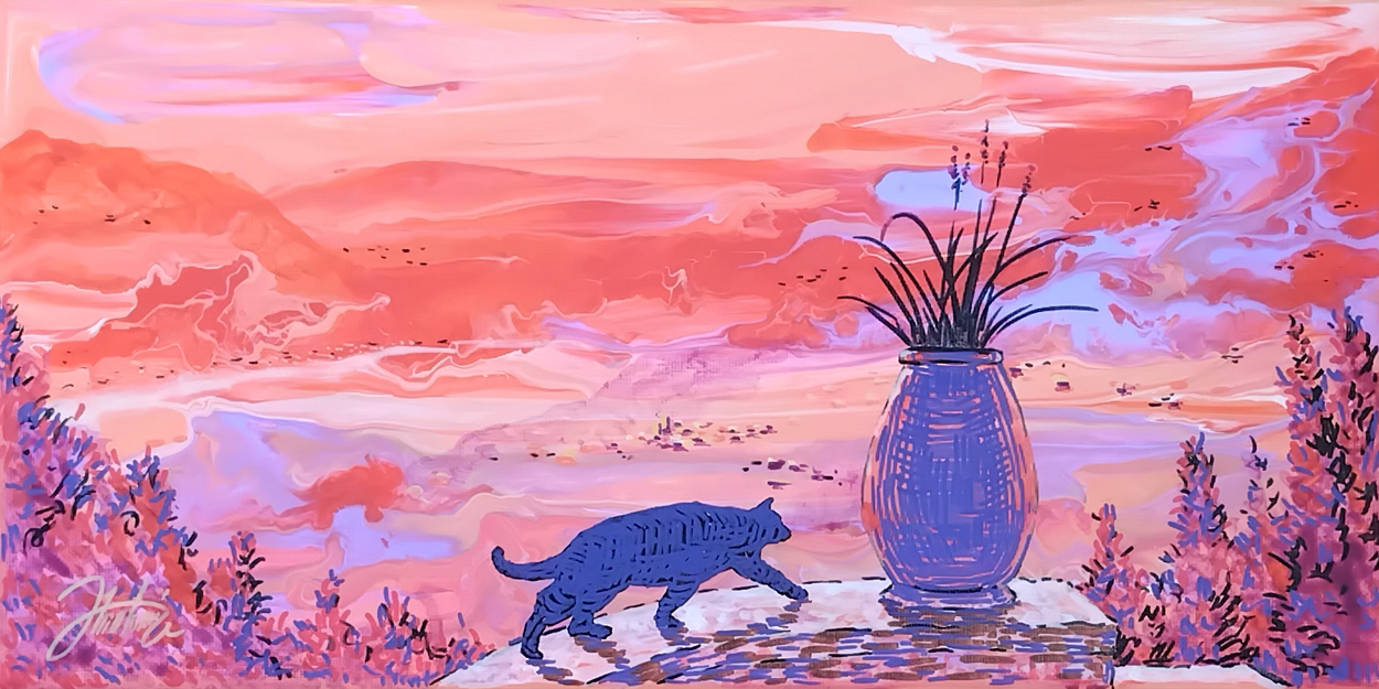 Tableau Les Villages Orangés, peinture acrylique, montée Saint-Claude jarre lavande chat noir, pièce unique CreaYouZen