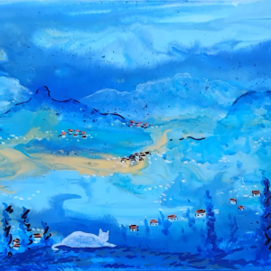 Tableau Mon Rêve sur la Plaine du Var, peinture acrylique, paysage bleu chat blanc, pièce unique CreaYouZen