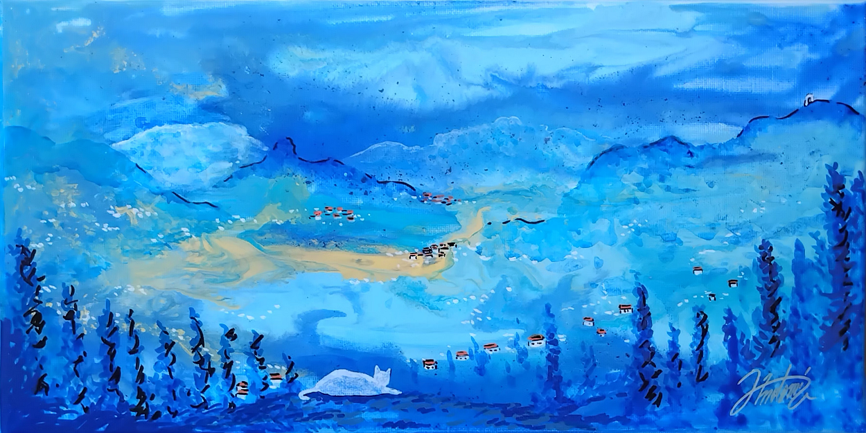 Tableau Mon Rêve sur la Plaine du Var, peinture acrylique, paysage bleu chat blanc, pièce unique CreaYouZen