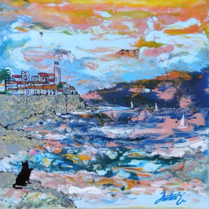 Tableau Pêche à Antibes, peinture acrylique, chat noir voiliers vieille ville, pièce unique CreaYouZen