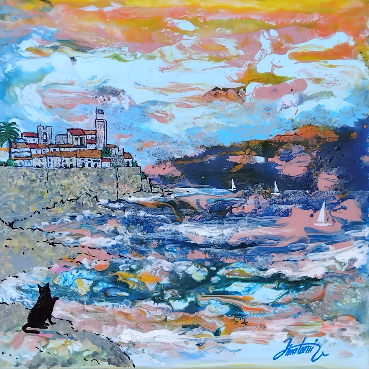 Tableau Pêche à Antibes, peinture acrylique, chat noir voiliers vieille ville, pièce unique CreaYouZen