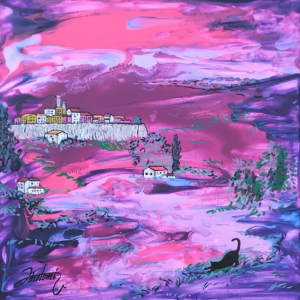 Tableau Saint-Paul-de-Vence, peinture acrylique, chat silhouette tombée de la nuit, pièce unique CreaYouZen