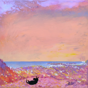 Tableau Aspremont, vue sur le Cap d'Antibes, chat noir jouant dans les fleurs, pièce unique CreaYouZen