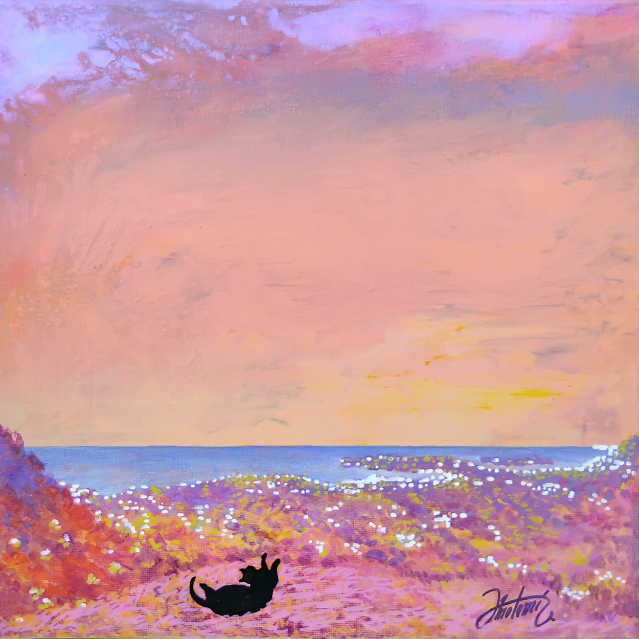 Tableau Aspremont, vue sur le Cap d'Antibes, chat noir jouant dans les fleurs, pièce unique CreaYouZen