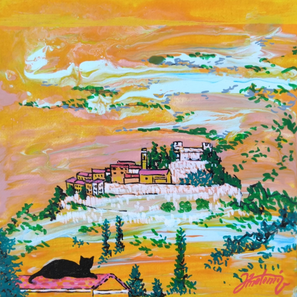 Tableau Eze Village Citronnelle, peinture acrylique, chat noir village perché Côte d'Azur, pièce unique CreaYouZen