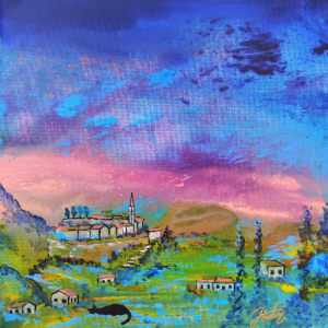 Tableau Aspremont Rêve, peinture acrylique, village niçois ciel nocturne chat noir, pièce unique CreaYouZen