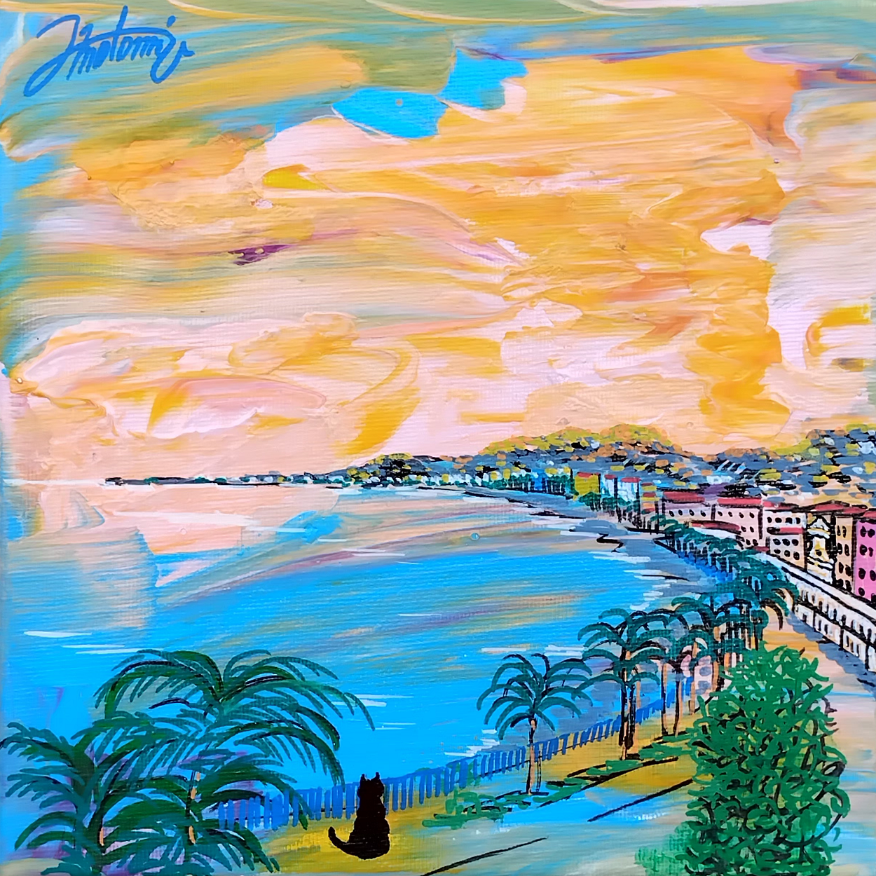 Tableau Souvenir de la Promenade, peinture acrylique, chat silhouette Promenade des Anglais Nice de jour, pièce unique CreaYouZen